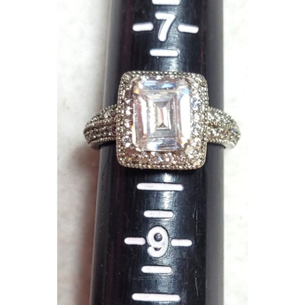 Vtg 50s 60s Asymmetrical Emerald Cut Statement Ring Silver Tone Open Back Sz 8